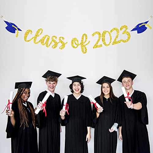 Class of 2023 Banner - 2023 Graduation Banner, Congrats Grad, High School/College/University Graduation Party Decorations, Gold and Blue Glitter