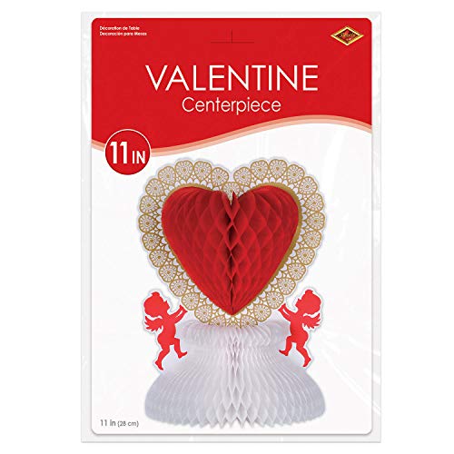 Beistle Heart and Cupid Centerpiece Valentine’s Day Tableware Decorations – Wedding Anniversary Party Supplies, 11", Red/White/Gold