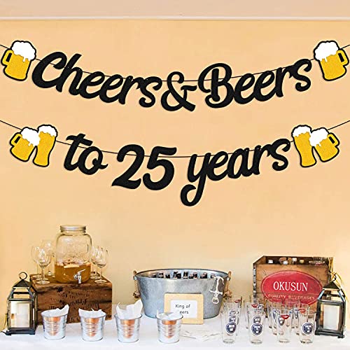 25th Birthday Decorations Cheers to 25 Years Banner for Men Women 25s Birthday Backdrop Wedding Anniversary Party Supplies Black Glitter Decorations Pre Strung