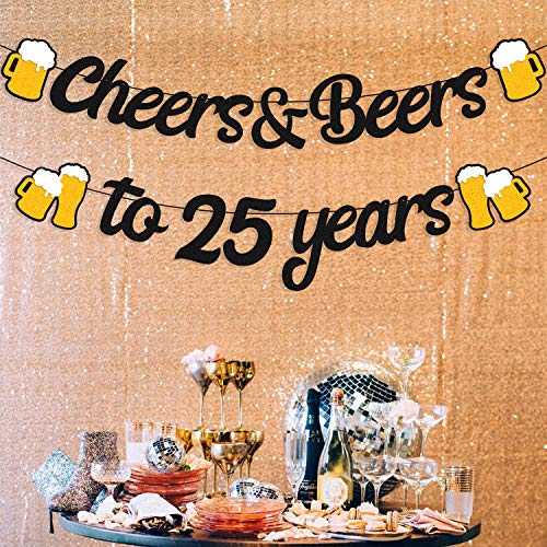 25th Birthday Decorations Cheers to 25 Years Banner for Men Women 25s Birthday Backdrop Wedding Anniversary Party Supplies Black Glitter Decorations Pre Strung