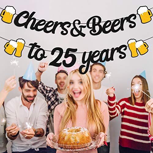 25th Birthday Decorations Cheers to 25 Years Banner for Men Women 25s Birthday Backdrop Wedding Anniversary Party Supplies Black Glitter Decorations Pre Strung