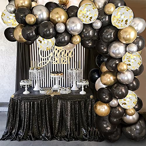 Black Gold Silver Balloon Garland Kit, 124pcs Metallic Gold Balloon Chrome Silver Balloon Black Balloon, Black and Gold Party Decorations for Birthday, New Year Decor