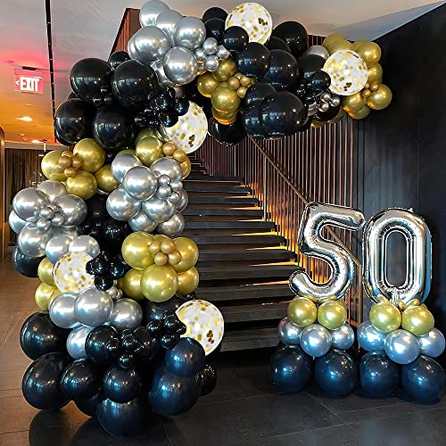 Black Gold Silver Balloon Garland Kit, 124pcs Metallic Gold Balloon Chrome Silver Balloon Black Balloon, Black and Gold Party Decorations for Birthday, New Year Decor