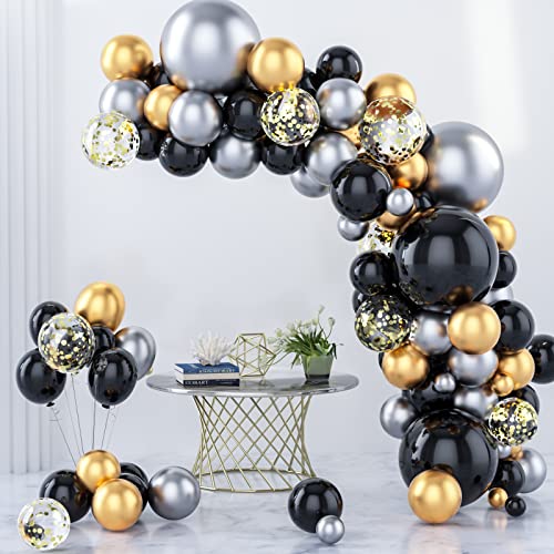 Black Gold Silver Balloon Garland Kit, 124pcs Metallic Gold Balloon Chrome Silver Balloon Black Balloon, Black and Gold Party Decorations for Birthday, New Year Decor