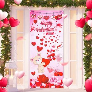 happy valentine’s day door cover large fabric valentines day accessories hanging holiday door streamers romantic valentines decorations heart flower bear backdrop banner for indoor outdoor party decor