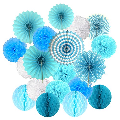 Cocodeko Hanging Set, Tissue Paper Poms Flower Fan and Honeycomb Balls for Birthday Baby Shower Wedding Festival Decorations-Blue, 3 Gram