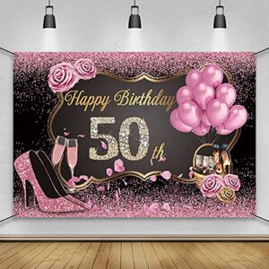 awert polyester 6×3.6ft happy 50th birthday banner pink gold sign poster for women 50th birthday party decorations banner balloons high heels champagne rose diamonds 50th birthday party supplies