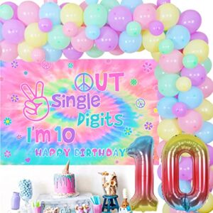 tie dye 10th birthday decorations for girls, peace out single digits, macaron balloon garland kit with out single digits i’m 10 backdrop, hippie theme happy 10th birthday decorations