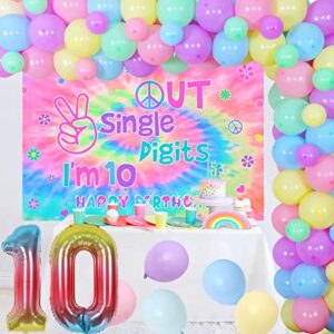 Tie Dye 10th Birthday Decorations for Girls, Peace out Single Digits, Macaron Balloon Garland Kit with Out Single Digits I'm 10 Backdrop, Hippie Theme Happy 10th Birthday Decorations