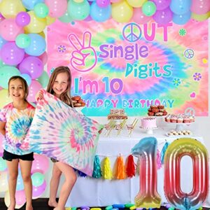 Tie Dye 10th Birthday Decorations for Girls, Peace out Single Digits, Macaron Balloon Garland Kit with Out Single Digits I'm 10 Backdrop, Hippie Theme Happy 10th Birthday Decorations