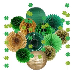 st patrick’s day decorations, green gold party supplies hanging paper lanterns clover garland tissue paper fan pom pom flowers for irish party saint patricks day decor