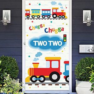 steam train chugga chugga two banner backdrop flag favors supplies railroad railway crossing vehicle transportation rhyming story theme decor for 2 year old 2nd birthday party baby shower decorations