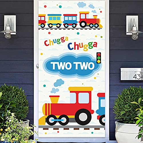 Steam Train Chugga Chugga Two Banner Backdrop Flag Favors Supplies Railroad Railway Crossing Vehicle Transportation Rhyming Story Theme Decor for 2 Year Old 2nd Birthday Party Baby Shower Decorations