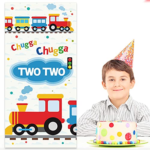 Steam Train Chugga Chugga Two Banner Backdrop Flag Favors Supplies Railroad Railway Crossing Vehicle Transportation Rhyming Story Theme Decor for 2 Year Old 2nd Birthday Party Baby Shower Decorations