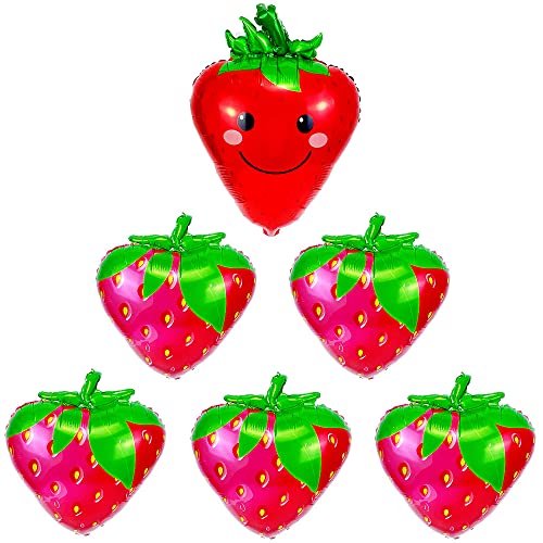 Happyay Strawberry Balloons Cute Smiley Fruit Strawberry Foil Mylar Balloons for Baby Shower Strawberry Themed Birthday Party Wall Decoration Supplies 26 inch, 6 Pcs(JJ-002)