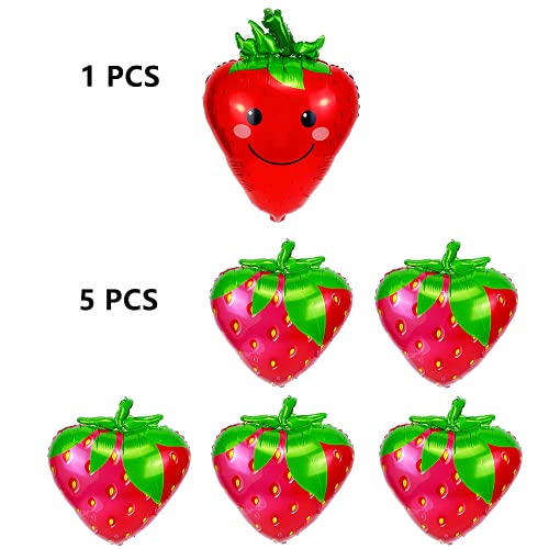 Happyay Strawberry Balloons Cute Smiley Fruit Strawberry Foil Mylar Balloons for Baby Shower Strawberry Themed Birthday Party Wall Decoration Supplies 26 inch, 6 Pcs(JJ-002)