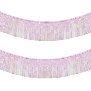 blukey 10 feet by 15 inch iridescent white foil fringe garland – pack of 2 | metallic tinsel banner | ideal for parade floats, bridal shower, wedding, birthday, christmas | wall hanging drapes