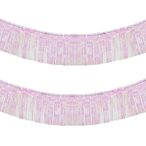 Blukey 10 Feet by 15 Inch Iridescent White Foil Fringe Garland - Pack of 2 | Metallic Tinsel Banner | Ideal for Parade Floats, Bridal Shower, Wedding, Birthday, Christmas | Wall Hanging Drapes