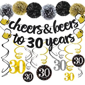 30 Years Anniversary Decorations - Cheers & Beers to 30 Years Banner with Pom Poms 30th Sparkling Hanging Streamers for 30th Birthday Wedding Party Supplies Decorations - PRESTRUNG