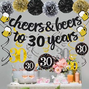 30 Years Anniversary Decorations - Cheers & Beers to 30 Years Banner with Pom Poms 30th Sparkling Hanging Streamers for 30th Birthday Wedding Party Supplies Decorations - PRESTRUNG