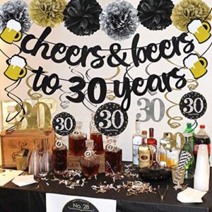 30 Years Anniversary Decorations - Cheers & Beers to 30 Years Banner with Pom Poms 30th Sparkling Hanging Streamers for 30th Birthday Wedding Party Supplies Decorations - PRESTRUNG