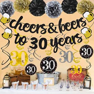 30 Years Anniversary Decorations - Cheers & Beers to 30 Years Banner with Pom Poms 30th Sparkling Hanging Streamers for 30th Birthday Wedding Party Supplies Decorations - PRESTRUNG