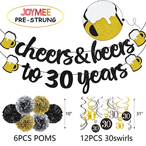 30 Years Anniversary Decorations - Cheers & Beers to 30 Years Banner with Pom Poms 30th Sparkling Hanging Streamers for 30th Birthday Wedding Party Supplies Decorations - PRESTRUNG