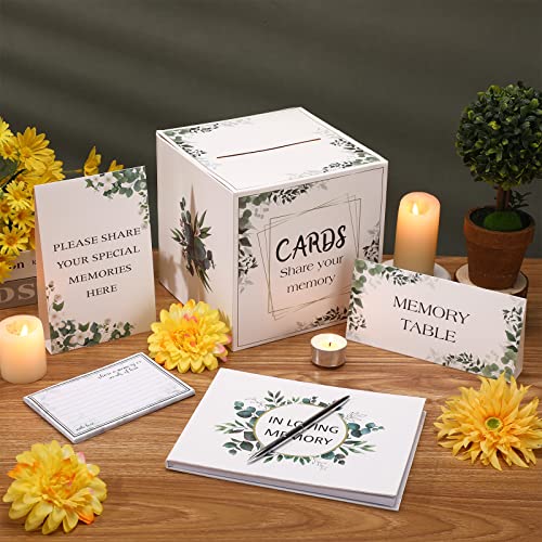 Funeral Guest Book for Memorial Service, Celebration of Life Guest Book Memory Cards Box 50 Pcs Share a Memory Card 2 Pcs Table Display Sign and Pen for Funeral Remembrance Party (Fresh Style)