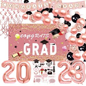 graduation decorations 2023 – rose gold graduation party supplies including grad banner, graduation backdrop, hanging swirls, grad balloons garland kit, and photo booth props for grad decor | pink