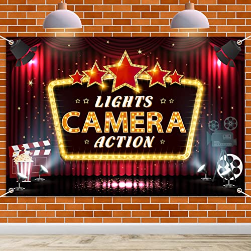 HAMIGAR 6x4ft Lights Camera Action Banner Backdrop - Movie Night Theater Birthday Decorations Party Supplies - Red