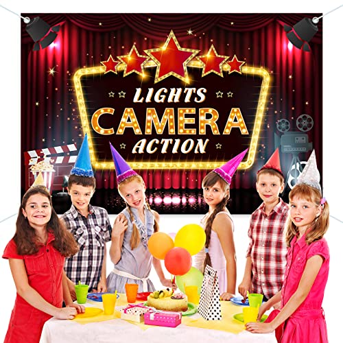 HAMIGAR 6x4ft Lights Camera Action Banner Backdrop - Movie Night Theater Birthday Decorations Party Supplies - Red