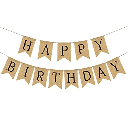 Burlap Happy Birthday Banner, Assembled Birthday Party Decorations for Men Women