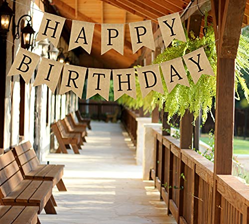 Burlap Happy Birthday Banner, Assembled Birthday Party Decorations for Men Women