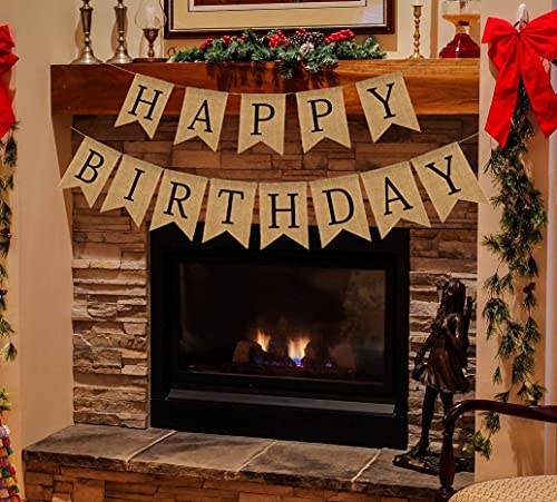 Burlap Happy Birthday Banner, Assembled Birthday Party Decorations for Men Women