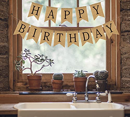 Burlap Happy Birthday Banner, Assembled Birthday Party Decorations for Men Women