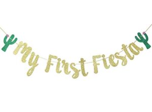 my first fiesta banner sign garland for mexican fiesta themed baby shower first birthday party decorations photo props backdrop (gold glitter)