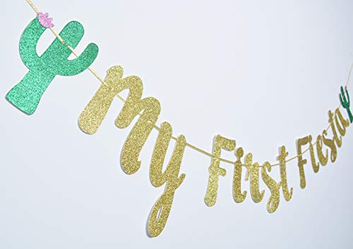 My First Fiesta Banner Sign Garland for Mexican Fiesta Themed Baby Shower First Birthday Party Decorations Photo Props Backdrop (Gold Glitter)