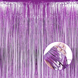 halloweendecorate 4 pack light purple foil fringe curtain backdrop, 3.28ft x 8.2ft metallic tinsel foil fringe streamers curtains for party,