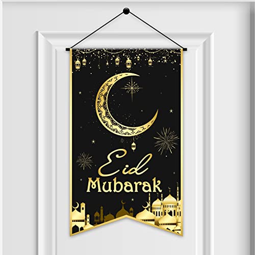 Eid Mubarak Hanging Door Sign EID Decorative Hanging Sign Muslim Party Decorations Black Gold Moon Lantern Banner for Ramadan Kareem Eid Mubarak Sign Home Decor Happy EID Muslim Party Supplies Favor