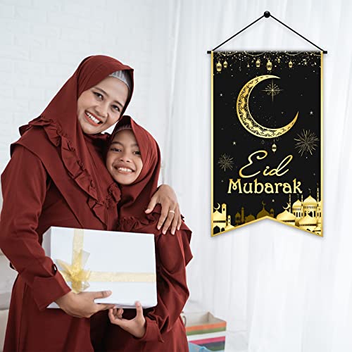 Eid Mubarak Hanging Door Sign EID Decorative Hanging Sign Muslim Party Decorations Black Gold Moon Lantern Banner for Ramadan Kareem Eid Mubarak Sign Home Decor Happy EID Muslim Party Supplies Favor