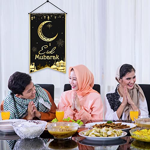 Eid Mubarak Hanging Door Sign EID Decorative Hanging Sign Muslim Party Decorations Black Gold Moon Lantern Banner for Ramadan Kareem Eid Mubarak Sign Home Decor Happy EID Muslim Party Supplies Favor