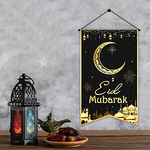 Eid Mubarak Hanging Door Sign EID Decorative Hanging Sign Muslim Party Decorations Black Gold Moon Lantern Banner for Ramadan Kareem Eid Mubarak Sign Home Decor Happy EID Muslim Party Supplies Favor