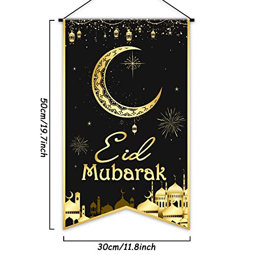 Eid Mubarak Hanging Door Sign EID Decorative Hanging Sign Muslim Party Decorations Black Gold Moon Lantern Banner for Ramadan Kareem Eid Mubarak Sign Home Decor Happy EID Muslim Party Supplies Favor