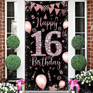 gya pink happy 16th birthday door banner 3x6ft girl sweet 16th diamond door cover banner glitter balloon rose gold party backdrop poster porch sign decor