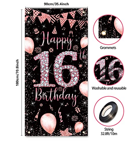 GYA Pink Happy 16th Birthday Door Banner 3x6ft Girl Sweet 16th Diamond Door Cover Banner Glitter Balloon Rose Gold Party backdrop Poster Porch Sign Decor