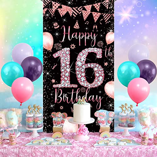 GYA Pink Happy 16th Birthday Door Banner 3x6ft Girl Sweet 16th Diamond Door Cover Banner Glitter Balloon Rose Gold Party backdrop Poster Porch Sign Decor