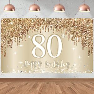happy 80th birthday banner backdrop decorations for women, gold white 80 birthday sign party supplies, eighty year old birthday photo booth background poster decor(72.8 x 43.3 inch)