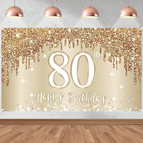 Happy 80th Birthday Banner Backdrop Decorations for Women, Gold White 80 Birthday Sign Party Supplies, Eighty Year Old Birthday Photo Booth Background Poster Decor(72.8 x 43.3 Inch)