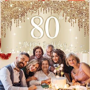 Happy 80th Birthday Banner Backdrop Decorations for Women, Gold White 80 Birthday Sign Party Supplies, Eighty Year Old Birthday Photo Booth Background Poster Decor(72.8 x 43.3 Inch)