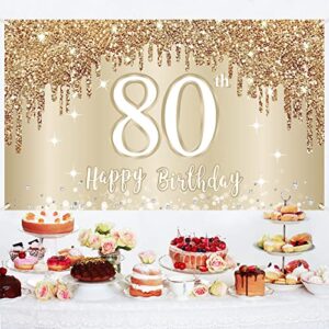 Happy 80th Birthday Banner Backdrop Decorations for Women, Gold White 80 Birthday Sign Party Supplies, Eighty Year Old Birthday Photo Booth Background Poster Decor(72.8 x 43.3 Inch)
